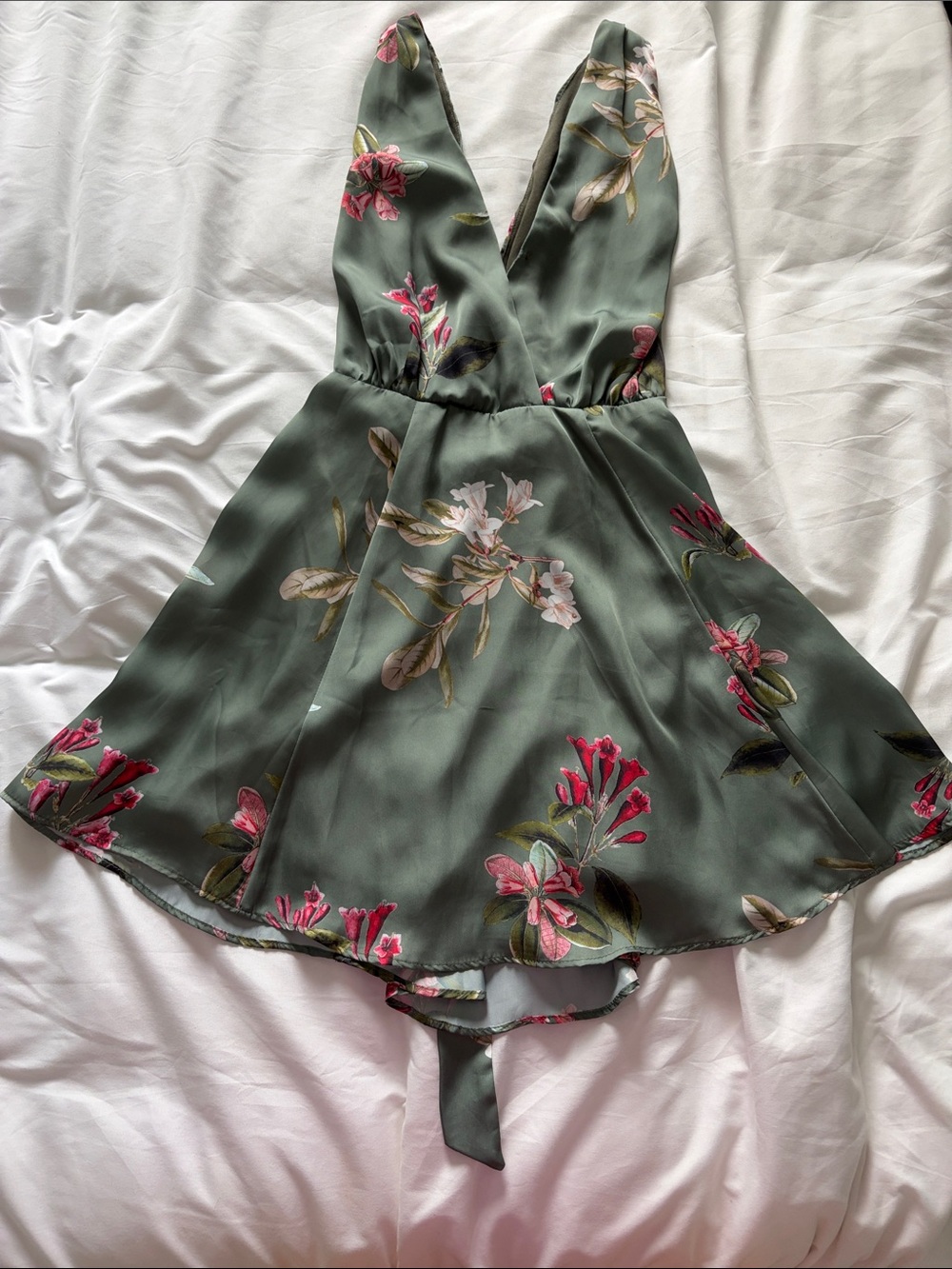 Show Me Your Mumu Floral Green V-Neck Mini Dress